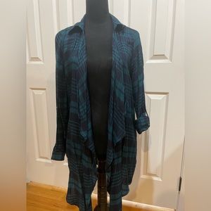 Kori America Teal & Navy Blue Plaid Long Cardigan NWT